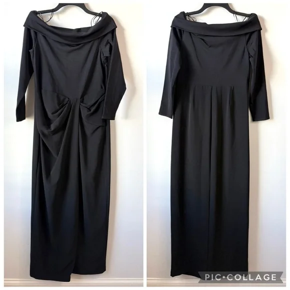 Lauren Ralph Lauren Off The Shoulder Long Sleeve Rib And‎ Crepe Gown Black 14 - Picture 4 of 9